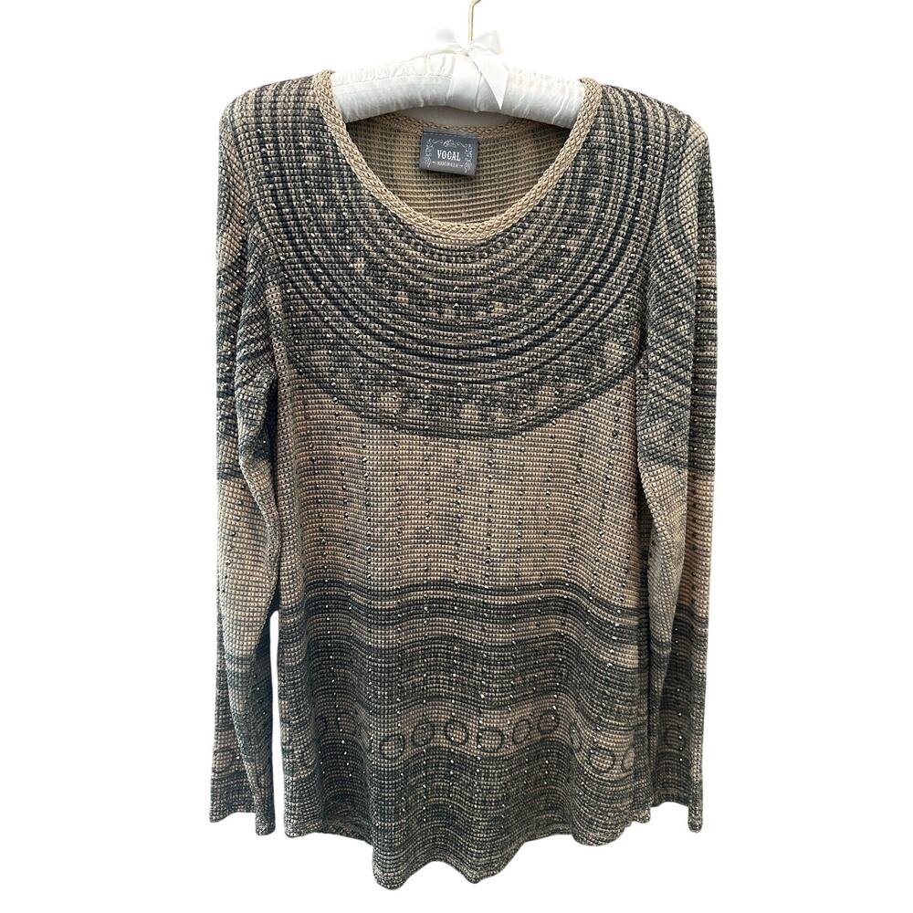 VOCAL Rhinestone Embellished Gray Taupe Western Boho Waffle Knit Top | Large